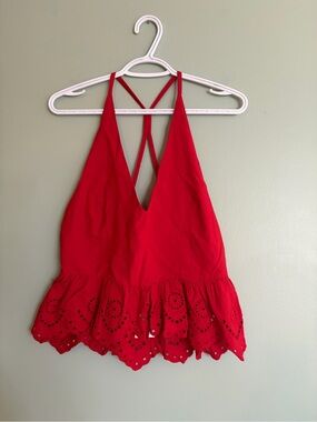 NWT Sim & Sam Red Cotton Halter Top L Peplum Eyelet Broderie Babydoll Boho Cami